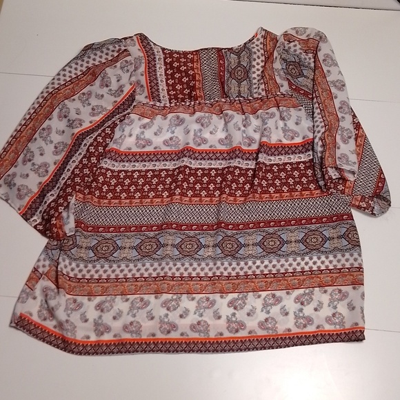 Pleione boho top size large red orange earthy. V neck sheer - Picture 5 of 5